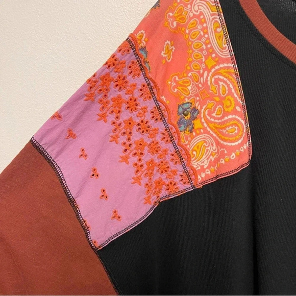 Free People Feelin In’ Balloon Sleeve Patch Shirt - Boho Patchwork Long-Sleeve - Picture 5 of 6